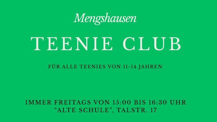 Jugendclub-Flyer für Jugendliche von 11–14 Jahren in Mengshausen mit Aktivitäten jeden Freitag von 15:00 bis 16:30 Uhr.