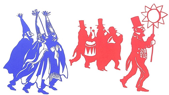 Blå og røde festmasker danser og spiser kage