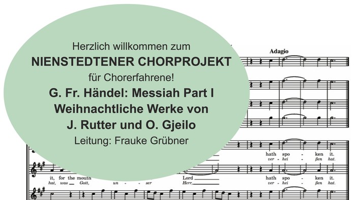 Willkommensankündigung für ein Weihnachtschorprojekt mit Händels „Messias“ und anderen festlichen Werken.