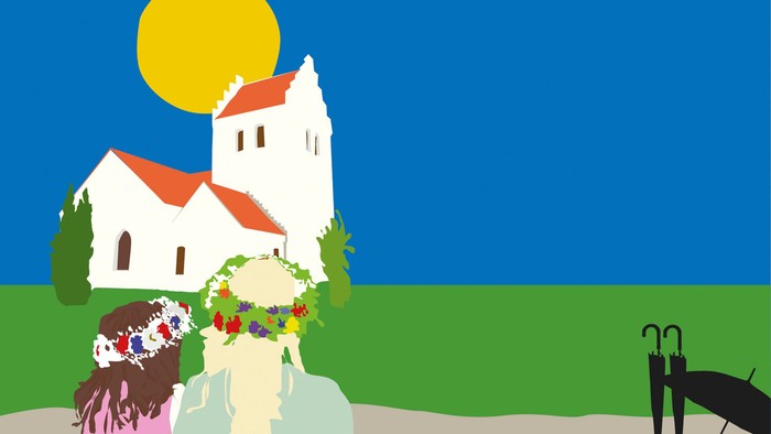 To figurer på en mark nær en kirke, den ene holder en buket, med en stor gul sol overhead.