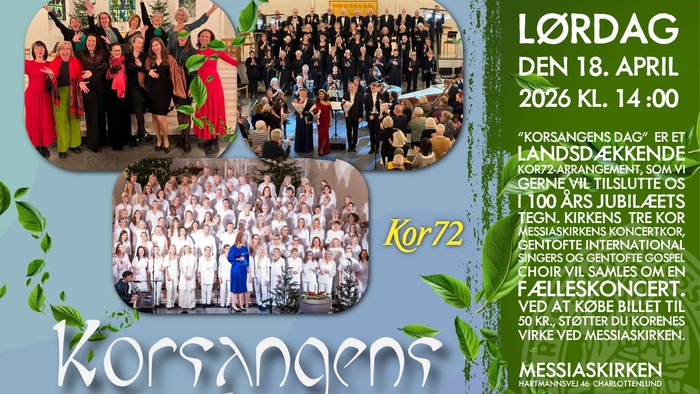 Meddelelse om korfestkoncert i anledning af Kor72’s 100-års jubilæum den 18. april 2026.