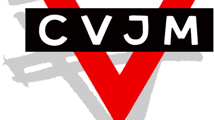 Das Bild zeigt ein Logo mit den Buchstaben CVJM in Rot und Weiß auf schwarzem Hintergrund.