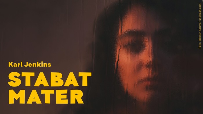 Werbeplakat für Karl Jenkins’ Chorwerk *„Stabat Mater“* mit einem dramatischen, schattigen Porträt.