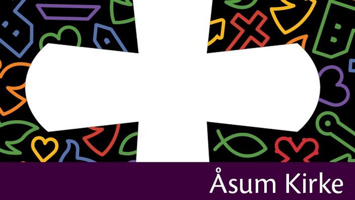 Billedet viser et hvidt kors på en mørk baggrund med farvede symboler og teksten 