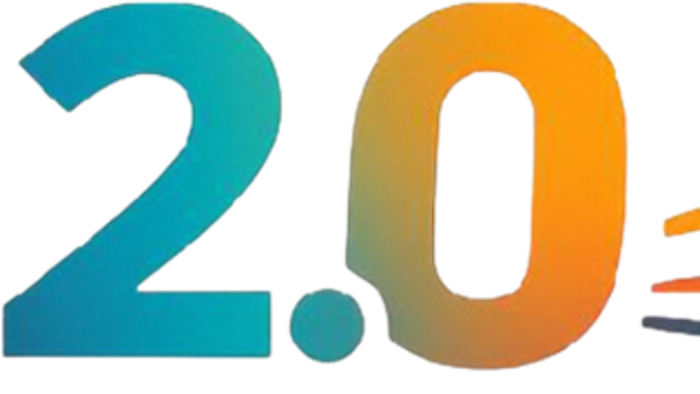 Stilisiertes „2.0“-Logo mit Verlaufsfarben und einem dynamischen, pfeilartigen Design, das sich von der Null aus erstreckt.