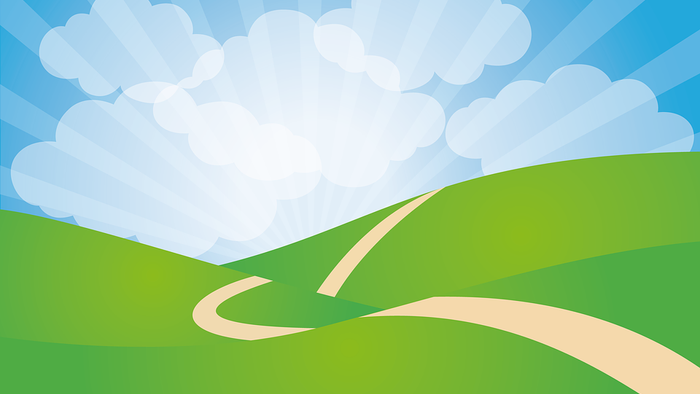 Ein grüner Hügel mit gewundenem Pfad unter einem sonnigen Himmel