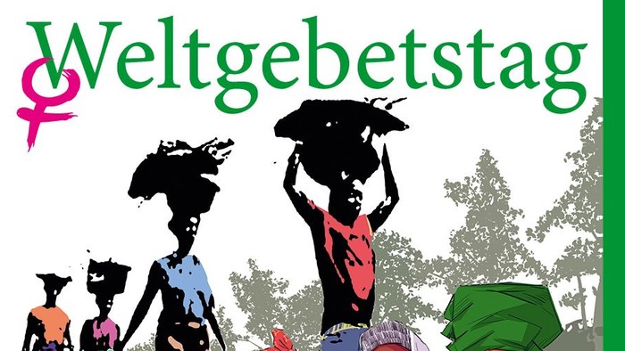 Plakat zum Weltgebetstag mit Fokus auf die Veranstaltung in Nigeria am 6. März 2026 – zur Teilnahme einladend und zum Tragen der Lasten aufrufend.