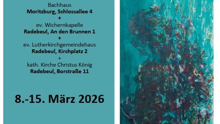 Plakat für die Ökumenische Bibelwoche 2025/2026 mit Veranstaltungsorten und Terminen vom 8. bis 15. März 2026 in Radebeul und Moritzburg.