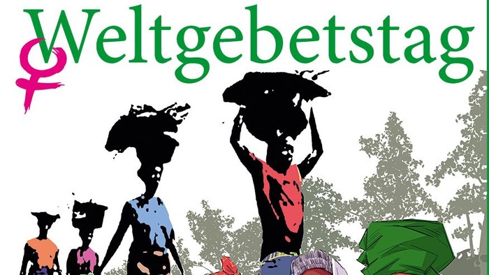 Plakat zum Weltgebetstag mit Fokus auf die Veranstaltung in Nigeria am 6. März 2026 – zur Teilnahme einladend und zum Tragen der Lasten aufrufend.