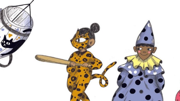 Lunefulde tegneseriefigurer, herunder en kat, en klovn og en jordbærpige sammen med en heks og en raket.