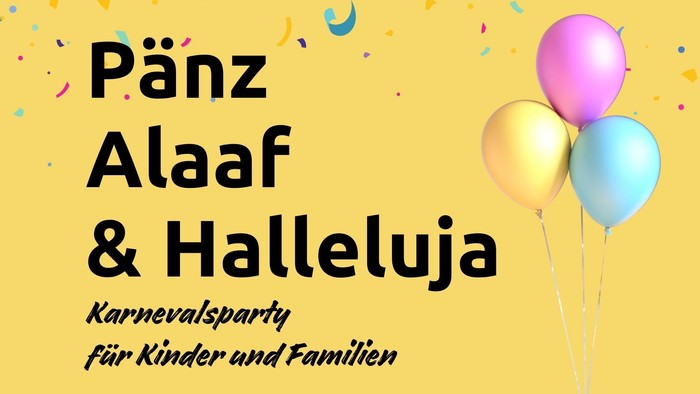 Einladung zu einer festlichen deutschen Karnevalsfeier für Kinder und Familien mit bunten Luftballons und fröhlichem Text.