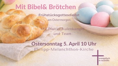 Ostersonntag-Einladung mit Bibel, Brot und verzierten Eiern für ein Kirchenfrühstück.