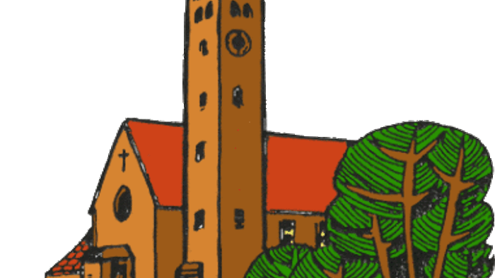 Das Bild zeigt eine Kirche mit hohem Turm und Uhr, umgeben von Bäumen