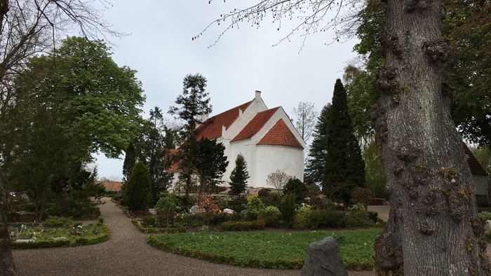 Hvid kirke med rødt tag i baggrunden og kirkegårdens træer i forgrunden