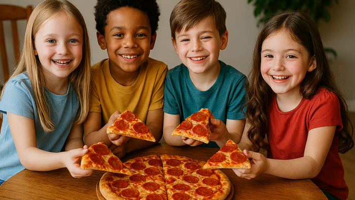 Børn spiser pizza