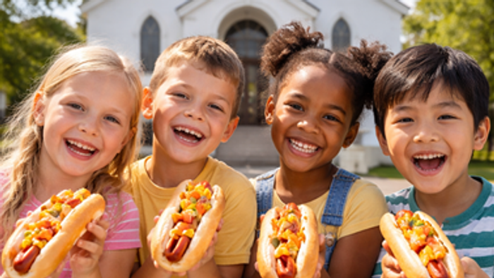kirke og børn der spiser hotdog