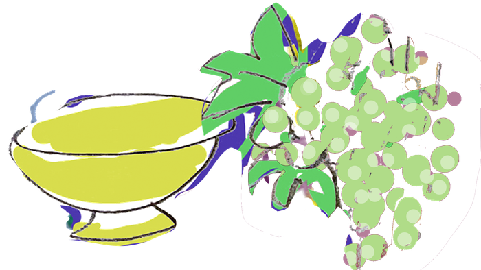 En gul skål med grønne druer og blade, omridset i lilla, på en sort baggrund.