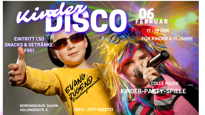 Buntes Kinder-Disco-Eventplakat mit Kindern in farbenfrohen Kostümen, Musik und Spielen für Kinder von 6 bis 11 Jahren am 6. Februar.