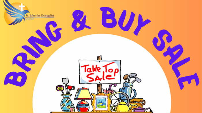 A community bring-and-buy sale flyer with coffee, cakes, and donated items for St. John’s Centre.