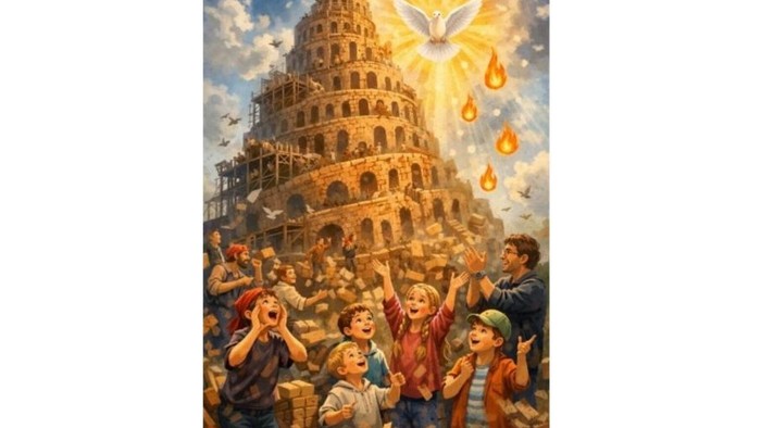 Babelstårnet i baggrunden børn i forgrunden 