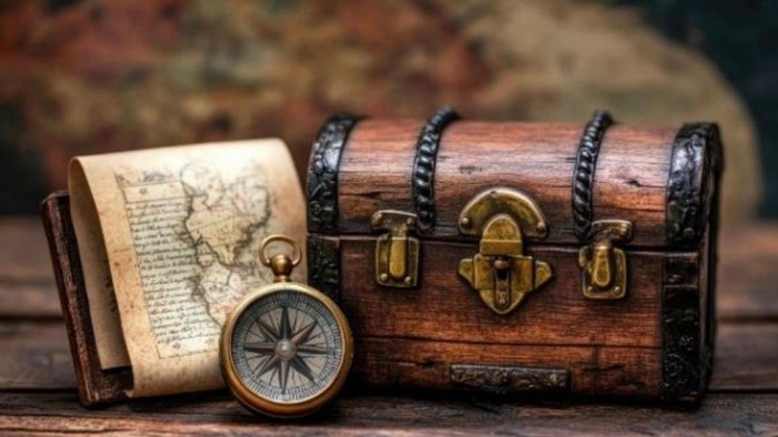 Skattekort, kompas og gammel skattekiste med messingbeslag 