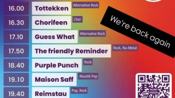 Plakat f�r das Musikfestival zur F�te de la Musique in Karlshorst mit Auflistung der Bands und ihren Auftrittszeiten am 21. Juni 2026.