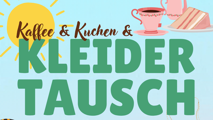 Bunte Grafik zur Bewerbung von Kaffee-, Kuchen- und Kleidertausch-Events mit fröhlichen Illustrationen.