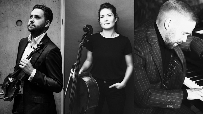 De tre musikere Anders Hjortvall, Lea Brøndal og Emil Gryesten, der skal optræde til koncert i Flintholm Kirke.