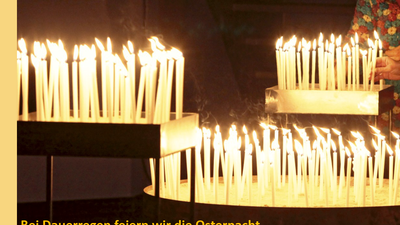 Details zur Osternachtveranstaltung mit beleuchteten Stationen bei Kerzenschein, warme Kleidung empfohlen, Beginn im Garten der Arent-Rupe-Villa.