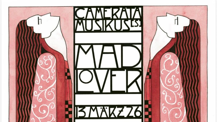 Art-Deco-Plakat mit zwei stilisierten Frauenfiguren, die eine Konzertveranstaltung mit dem Titel *„Mad Over Music“* in Dresden flankieren.