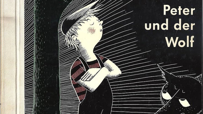 Illustration von *Peter und der Wolf* von Sergei Prokofjew, die einen Jungen zeigt, der einem Wolf gegenübersteht.