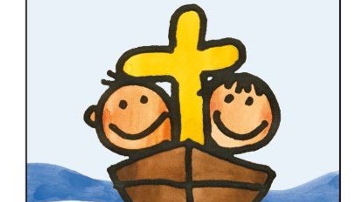 Zwei Kinder in einem Boot mit einem Kreuz, 