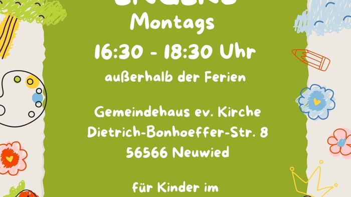 Kindertreff Engers: Montags 16:30 - 18:30 Uhr, Gemeindehaus ev. Kirche Dietrich-Bonhoeffer-Str. 8, 56566 Neuwied, für Kinder im Grundschulalter