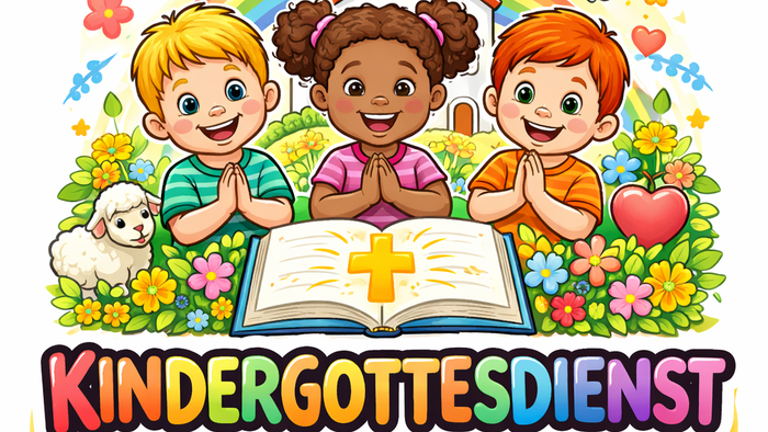 Bunte Illustration von Kindern in einem fröhlichen KinderGottesdienst mit offener Bibel und religiösen Symbolen.