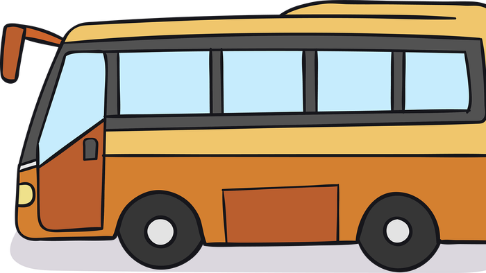 Ein oranges Schulbus-Symbol mit schwarzen Rädern und Fenstern.