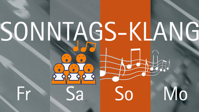 Collage aus Aktionszeichen Sonntagsklang, Noten und Chor-Piktogramm