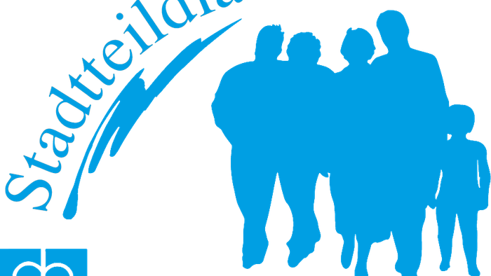 Stadtteildiakonie Bahrenfeld mit blauer Silhouette einer Gruppe von Menschen