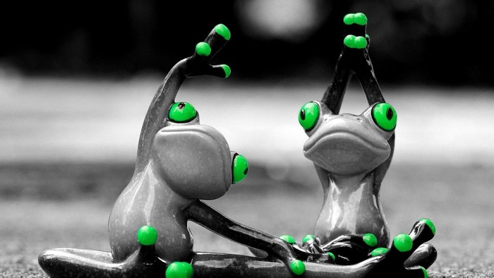 Zwei Frösche in Yoga-Posen, grüne Punkte auf Haut und Augen.