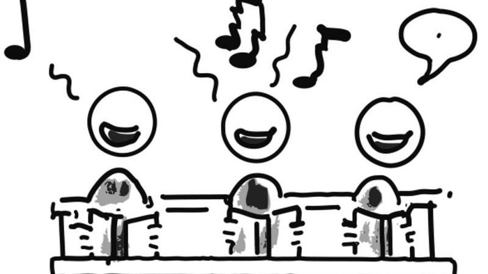 Drei Personen, die gemeinsam singen, jede mit einem Mikrofon in der Hand, mit Musiknoten über ihnen.