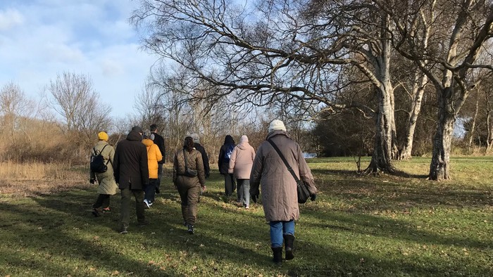 En gruppe af mennesker går i en park med træer og græs.