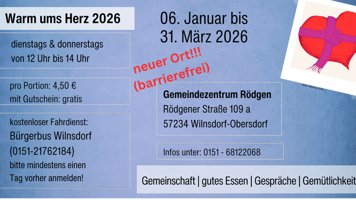 Flyer für die Veranstaltung „Warm ums Herz 2026“ mit kostenlosen Gemeinschaftsmahlzeiten und Gesprächen vom 6. Januar bis 31. März 2026.