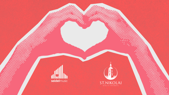 Plakat für einen Valentinstags-Gottesdienst mit Klavier- und Gesangsaufführung sowie einer Grafik mit herzförmigen Händen.