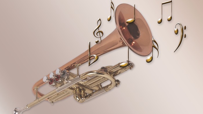 Ein goldenes Blechblasinstrument mit Noten um sich herum