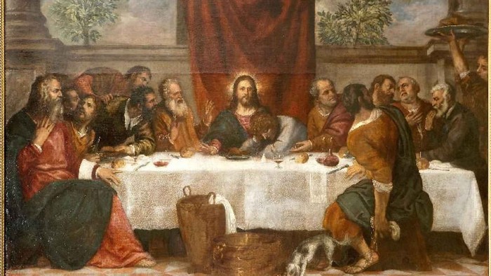 Et religiøst maleri, der forestiller Jesus og hans disciple under Nadveren med intense udtryk og detaljerede omgivelser.