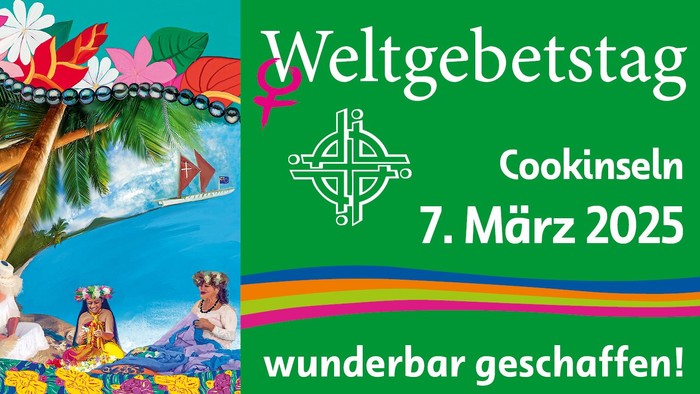 Weltgebetstag in Cookinseln mit farbenfrohem Bild und Datum 7. März 2025