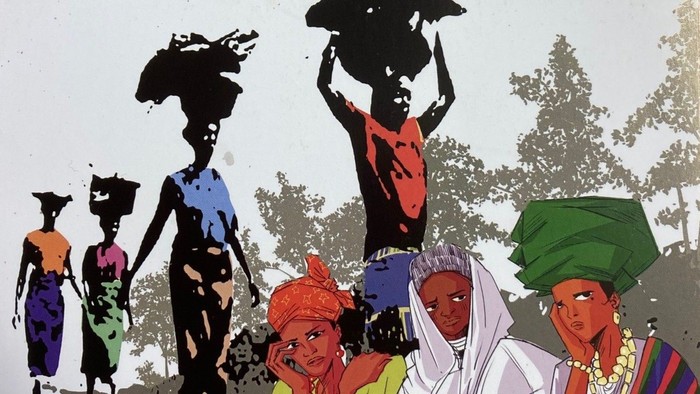 Lebendige Cartoon-Illustration verschiedener Menschen, die Lasten tragen und traditionelle Kleidung in einer ländlichen Umgebung tragen.