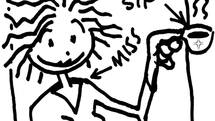 Ein skizziertes Wesen hält ein Schild mit der Aufschrift