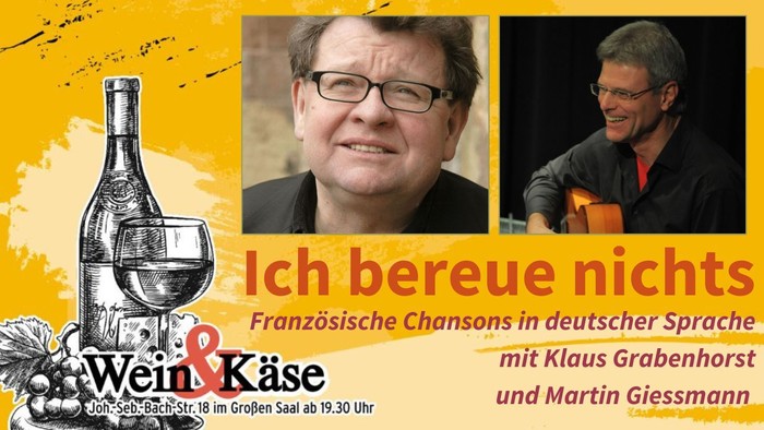 Plakat für eine französische Chanson-Veranstaltung auf Deutsch mit Klaus Grabenhorst und Martin Giessmann in einer Wein- und Käse-Location.