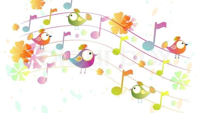 Fjer, noter og blomster i farverig musikalsk illustration