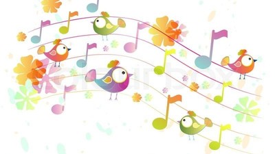 Fjer, noter og blomster i farverig musikalsk illustration